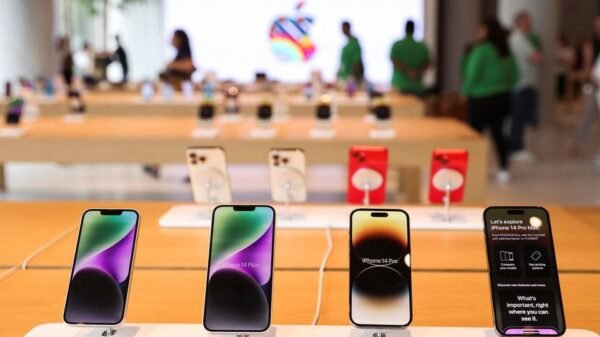 Apple iPhones are seen inside India's first Apple retail store during a media preview, a day ahead of its launch in Mumbai, India, April 17, 2023. REUTERS/Francis Mascarenhas