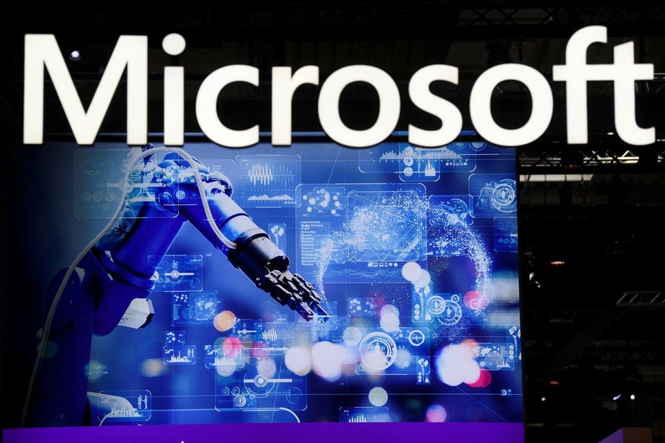 The logo of U.S. company Microsoft is pictured during preparations for the annual industry trade fair Hannover Messe in Hanover, Germany April 16, 2023. REUTERS/Fabian Bimmer/File Photo